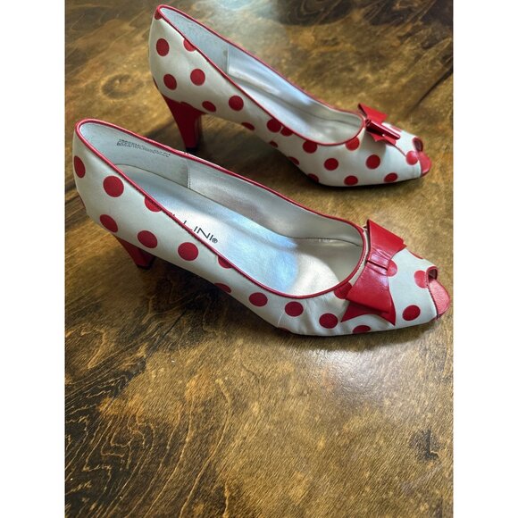 Red White Polka Dot Leather Peep Toe 2.5in Heels Bellini Bow  7 Retro Coquette - Picture 2 of 14